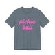 Heather slate pickleball t-shirt with a pink script Pickle Ball text design