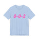 Baby blue pickleball t-shirt with a pink script 0-0-2 text design
