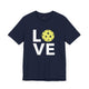 Navy t-shirt with a LOVE text design and a yellow pickleball replacing the O