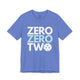 T-shirt with a stacked ZERO ZERO TWO text design and a pickleball replacing the O in two
