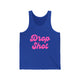 Pickleball tank top with a pink script Drop Shot text design