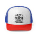 Blue/Red trucker cap with "Happy People Play Pickleball" text with pickleball and paddle icons