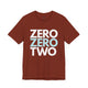 Rust t-shirt with a stacked ZERO ZERO TWO text design