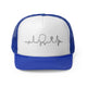 Royal trucker cap with a heartbeat-line illustration incorporating a paddle and pickleball