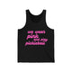 Black pickleball tank top with a pink script We Wear Pink and Play Pickleball text design