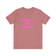 Heather mauve pickleball t-shirt with a pink script What's the Score text design
