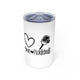 White vacuum insulated tumbler with a "Peace Love Pickleball" design with a peace-sign hand, a heart, and a paddle and ball