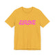 Heather yellow gold pickleball t-shirt with a pink retro bubble ERNE text design