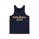 Navy tank top with retro Pickleball Vibes text design in peach and sage