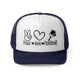 Navy trucker cap with a "Peace Love Pickleball" design with a peace-sign hand, a heart, and a paddle and ball