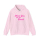 Light pink pickleball hoodie with a pink script Meet You on the Court text design