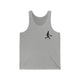 Athletic Heather unisex pickleball tank top with a small silhouette of a person swinging a pickleball paddle on the chest