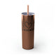 Glitter Rosegold skinny tumbler with straw and a "Peace Love Pickleball" design with a peace-sign hand, a heart, and a paddle and ball