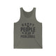 Grey TriBlend unisex pickleball tank top with bold stacked "HAPPY PEOPLE PLAY PICKLEBALL" text and crossed paddles graphic