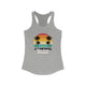 Heather Grey pickleball racerback tank top with a retro sunset circle with silhouetted palm trees and "West Coast Pickleball" script text