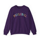Purple crewneck sweatshirt with a colorful arched PICKLEBALL text design