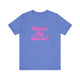 Heather Columbia blue pickleball t-shirt with a pink script What's the Score text design
