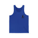 Unisex pickleball tank top with a small silhouette of a person swinging a pickleball paddle on the chest