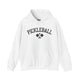 White hoodie with an arched PICKLEBALL text design over crossed paddles