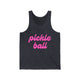 Pickleball tank top with a pink script Pickle Ball text design