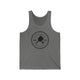 Deep Heather unisex pickleball tank top with a circular Pickleball Bainbridge Island badge logo
