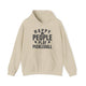 Sand pickleball hoodie with bold stacked "HAPPY PEOPLE PLAY PICKLEBALL" text and crossed paddles graphic