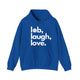 Royal blue pickleball hoodie with a lob, laugh, love text design and pickleball icon