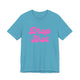 Heather aqua pickleball t-shirt with a pink script Drop Shot text design