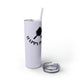 Glitter Lilac skinny tumbler with straw and "Happy Place" text with a paddle and ball icon