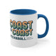 White mug with a Blue accent and a retro stacked "Coast to Coast Pickleball apparel + accessories" logo