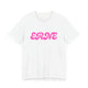 White pickleball t-shirt with a pink retro bubble ERNE text design