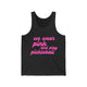 Pickleball tank top with a pink script We Wear Pink and Play Pickleball text design