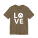 Heather olive t-shirt with a LOVE text design and a white pickleball replacing the O