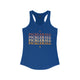 Royal blue racerback tank top with PICKLEBALL repeated in a stacked gradient text design with heart accents