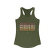 Military green racerback tank top with PICKLEBALL repeated in a stacked gradient text design with heart accents