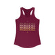 Cardinal red racerback tank top with PICKLEBALL repeated in a stacked gradient text design with heart accents