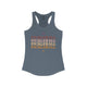 Indigo racerback tank top with PICKLEBALL repeated in a stacked gradient text design with heart accents