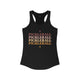 Black racerback tank top with PICKLEBALL repeated in a stacked gradient text design with heart accents
