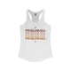 White racerback tank top with PICKLEBALL repeated in a stacked gradient text design with heart accents