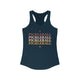 Midnight navy racerback tank top with PICKLEBALL repeated in a stacked gradient text design with heart accents