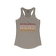 Warm gray racerback tank top with PICKLEBALL repeated in a stacked gradient text design with heart accents