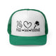 Green trucker cap with a "Peace Love Pickleball" design with a peace-sign hand, a heart, and a paddle and ball