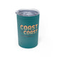 Turquoise vacuum insulated tumbler with a retro stacked "Coast to Coast Pickleball apparel + accessories" logo