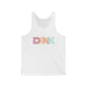 White unisex pickleball tank top with a rainbow-striped "DINK" wordmark
