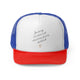 Blue/Red trucker cap with a script "I'm sorry for what I said during pickleball" quote with a small heart