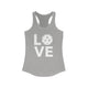 Heather grey racerback tank top with a LOVE text design and a pickleball replacing the O