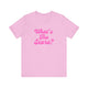 Heather bubble gum pickleball t-shirt with a pink script What's the Score text design