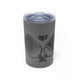 Grey vacuum insulated tumbler with a minimalist icon of two crossed pickleball paddles and a ball