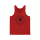 Red unisex pickleball tank top with a circular Pickleball Bainbridge Island badge logo