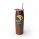 Glitter Rosegold skinny tumbler with straw and a retro stacked "Coast to Coast Pickleball apparel + accessories" logo
